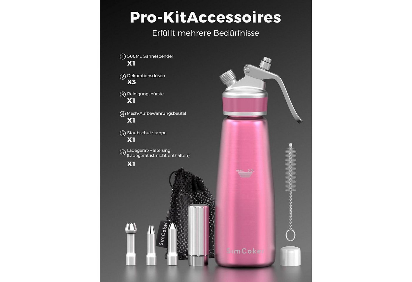 LuxusKollektion Sahnesyphon Sahnespender Aluminium 500ml Sahnesiphon Spritztüllen Rosa