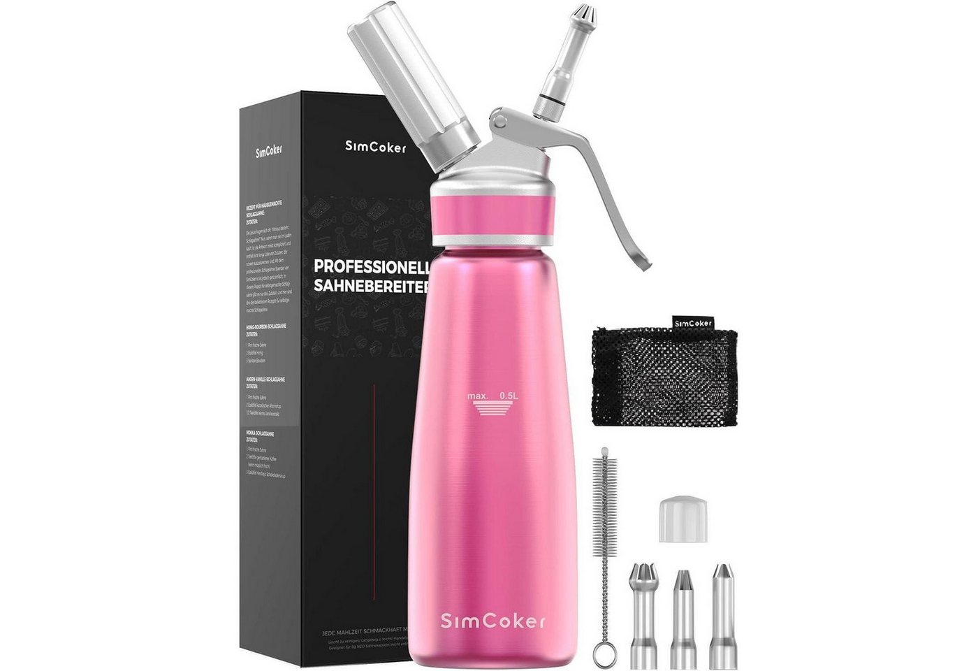 LuxusKollektion Sahnesyphon Sahnespender Aluminium 500ml Sahnesiphon Spritztüllen Rosa Bild 3
