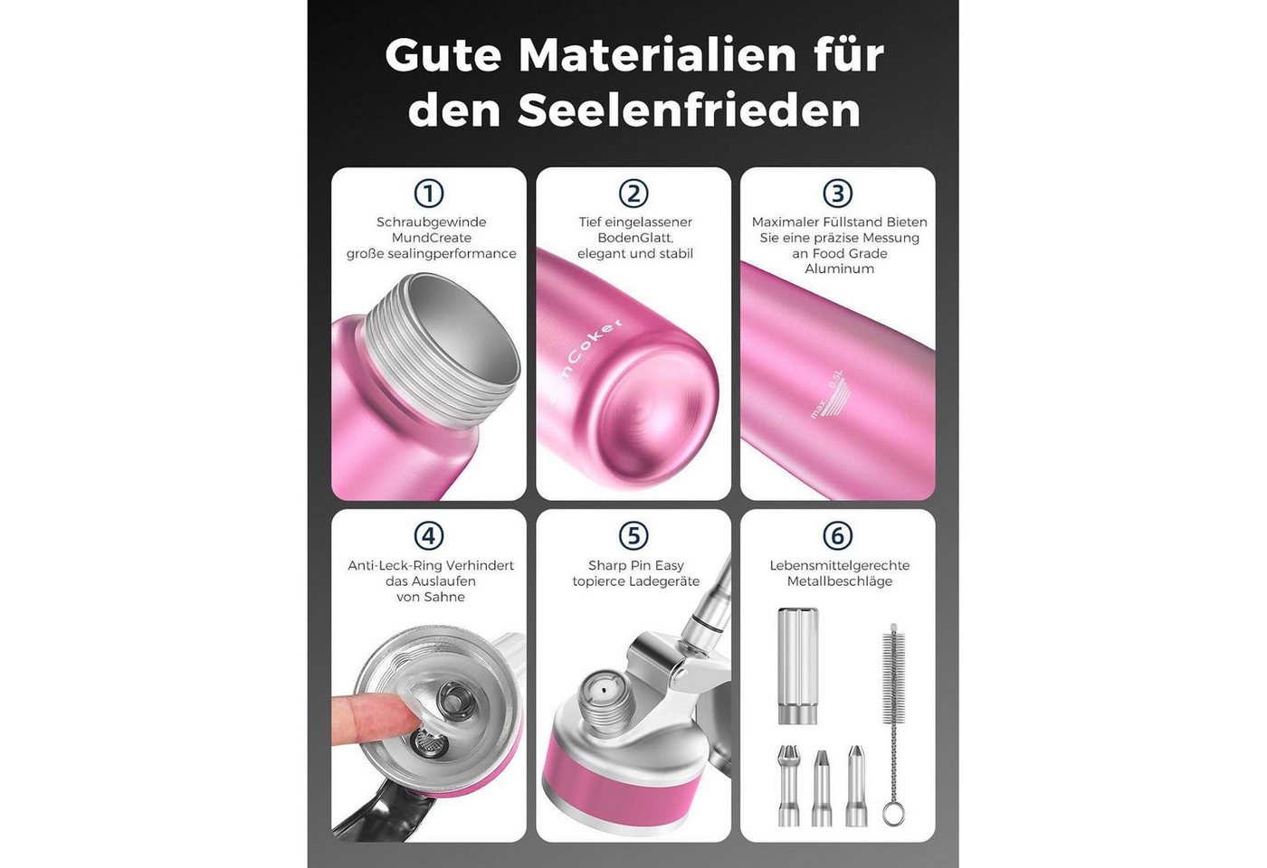 LuxusKollektion Sahnesyphon Sahnespender Aluminium 500ml Sahnesiphon Spritztüllen Rosa Bild 4