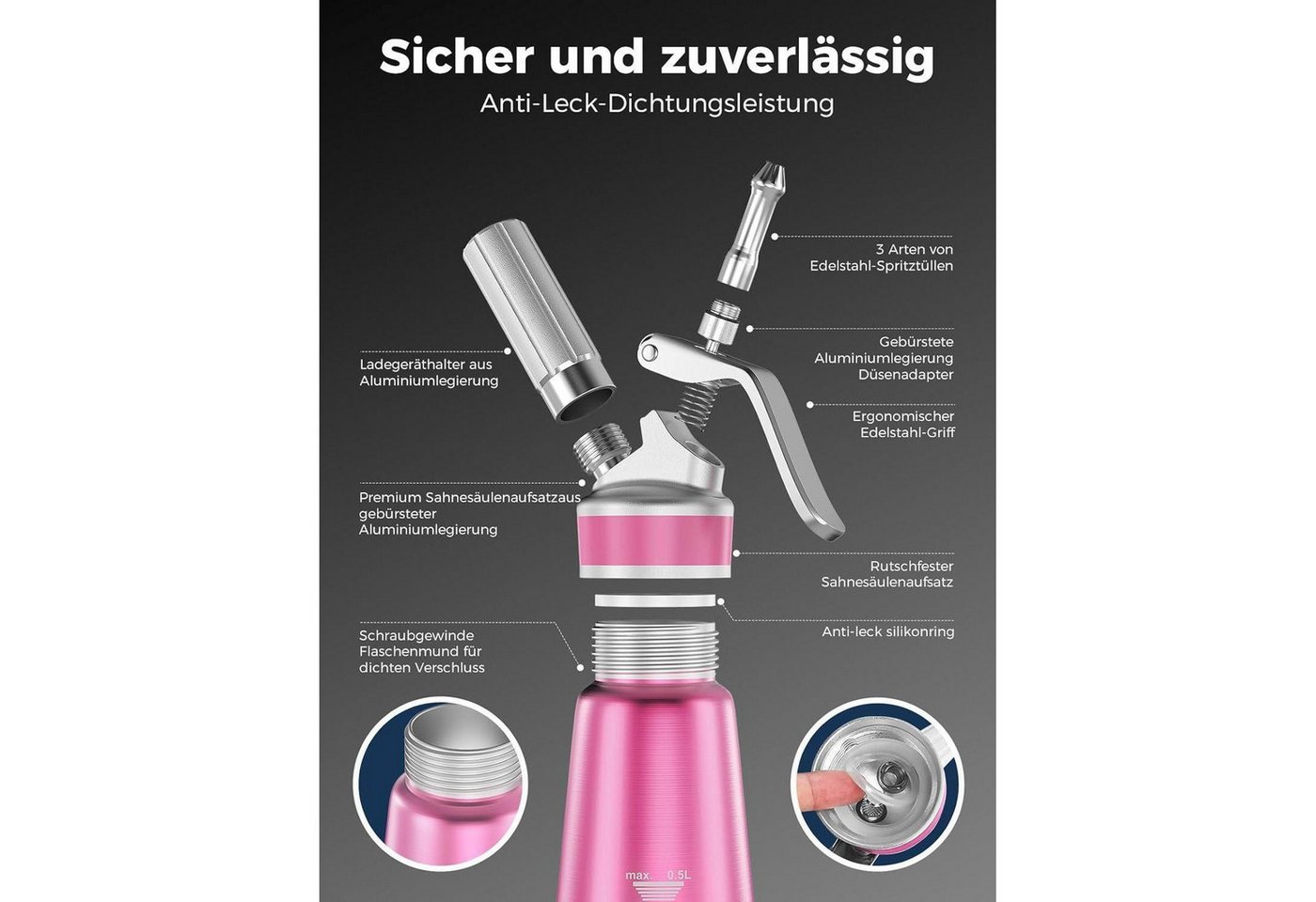 LuxusKollektion Sahnesyphon Sahnespender Aluminium 500ml Sahnesiphon Spritztüllen Rosa Bild 5