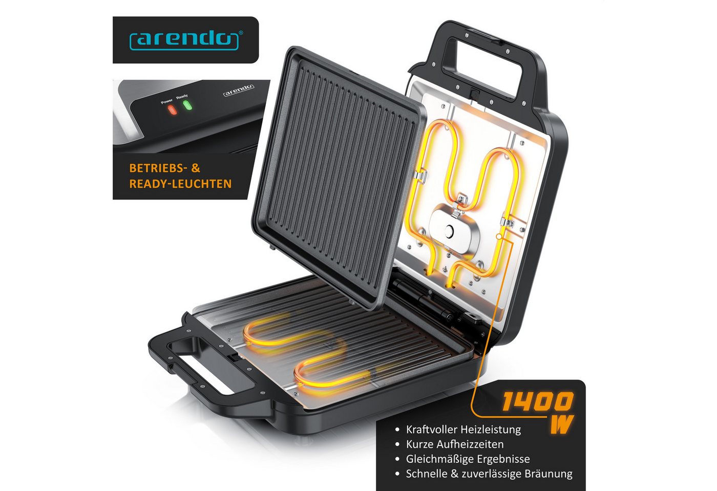 Arendo 3-in-1-Sandwichmaker Waffeleisen & Kontaktgrill, abnehmbare Antihaftbeschichtete Platten, 1400 W, 3-in-1: für Sandwich, Waffel & Grill, Panini, austauschbare Platten Bild 2