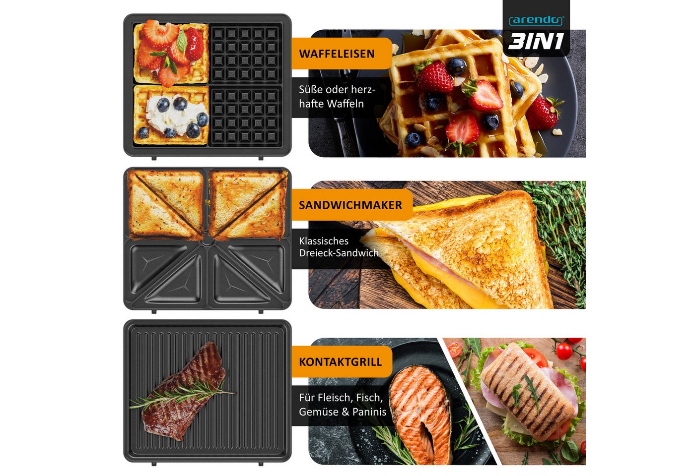 Arendo 3-in-1-Sandwichmaker Waffeleisen & Kontaktgrill, abnehmbare Antihaftbeschichtete Platten, 1400 W, 3-in-1: für Sandwich, Waffel & Grill, Panini, austauschbare Platten Bild 3