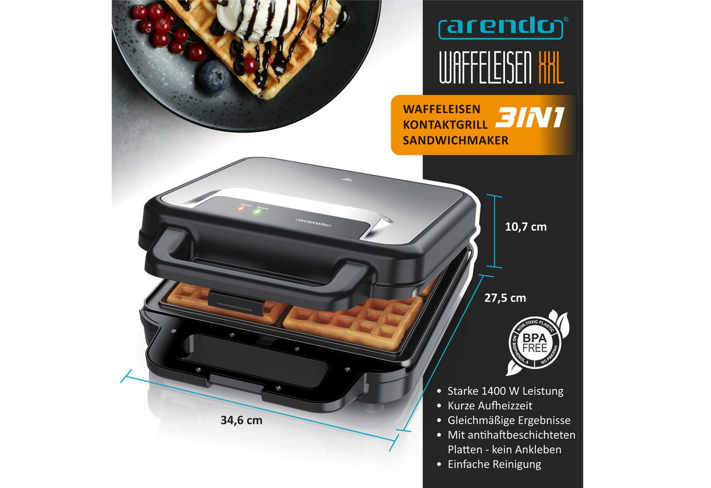 Arendo 3-in-1-Sandwichmaker Waffeleisen & Kontaktgrill, abnehmbare Antihaftbeschichtete Platten, 1400 W, 3-in-1: für Sandwich, Waffel & Grill, Panini, austauschbare Platten Bild 5