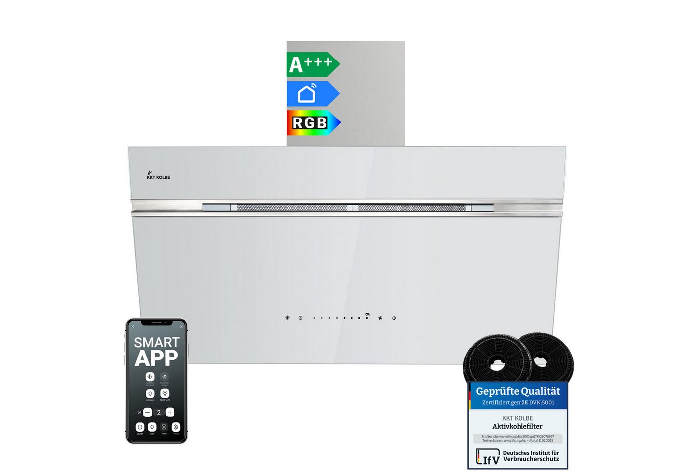 KKT KOLBE Wandhaube Dunstabzugshaube 90cm AURORA9005WED RGBW Ambientebeleuchtung Dunstabzugshaube 90cm AURORA9005WED RGBW Ambientebeleuchtung, Kopffreihaube / Umluft / Abluft / Smart WiFi-App / Weiß / Glas
