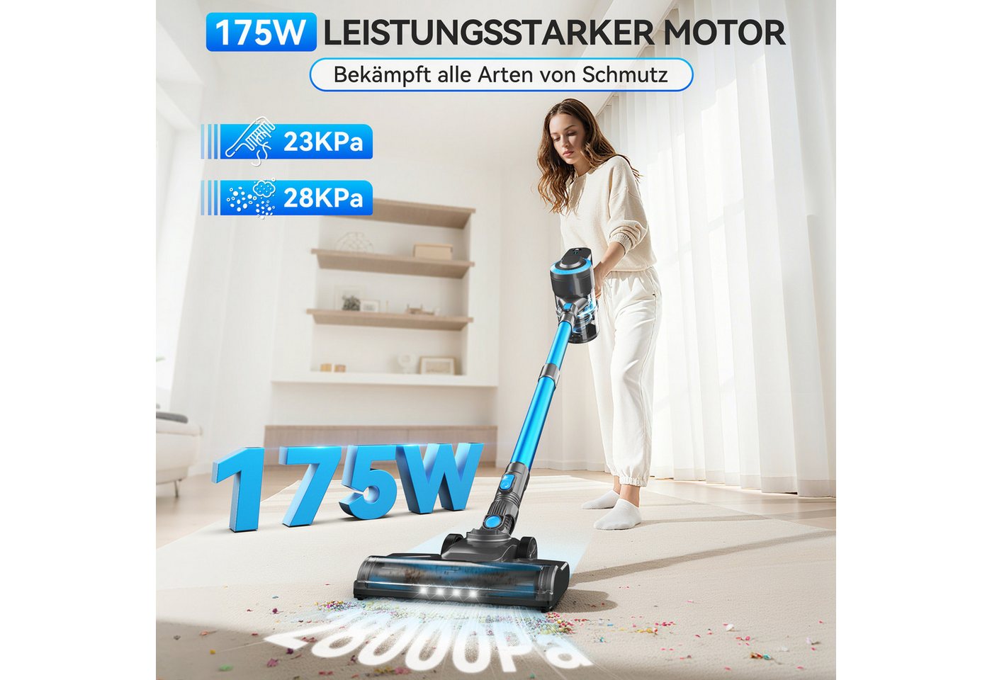 INSE Akku-Hand-und Stielstaubsauger N3P Akkustaubsauger,Anti-Haarverfilzung,V-Bürste mit LED-Licht, 175 W, beutellos, 28KPa Starke Saugkraft, 55Minuten Laufzeit, Großvolumen-Staubbecher