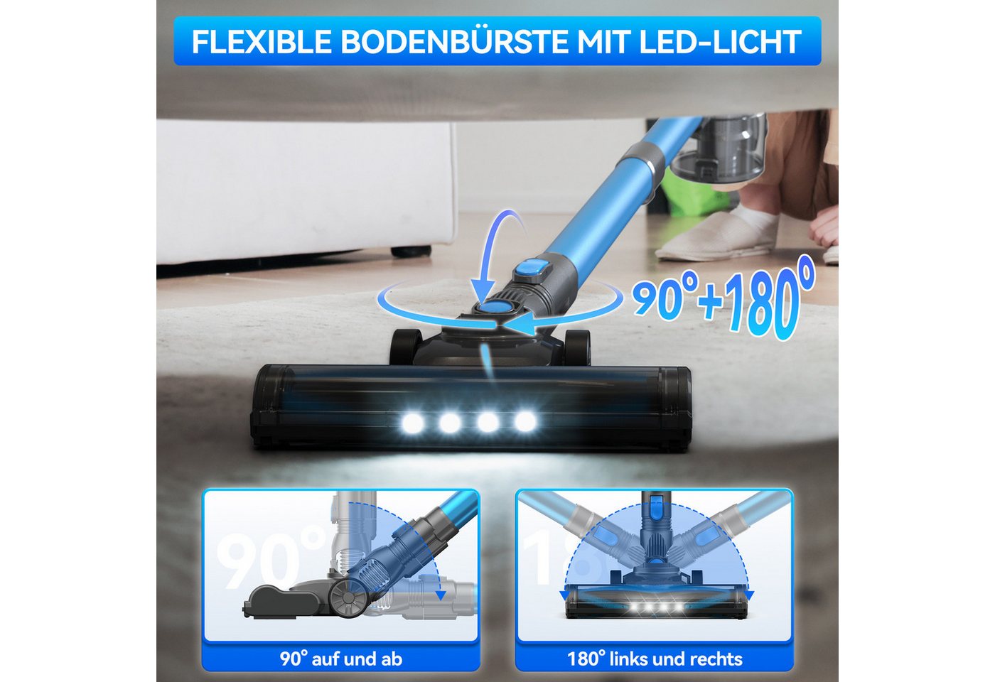 INSE Akku-Hand-und Stielstaubsauger N3P Akkustaubsauger,Anti-Haarverfilzung,V-Bürste mit LED-Licht, 175 W, beutellos, 28KPa Starke Saugkraft, 55Minuten Laufzeit, Großvolumen-Staubbecher Bild 2