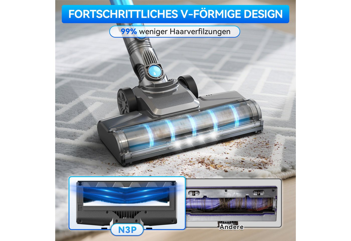 INSE Akku-Hand-und Stielstaubsauger N3P Akkustaubsauger,Anti-Haarverfilzung,V-Bürste mit LED-Licht, 175 W, beutellos, 28KPa Starke Saugkraft, 55Minuten Laufzeit, Großvolumen-Staubbecher Bild 4