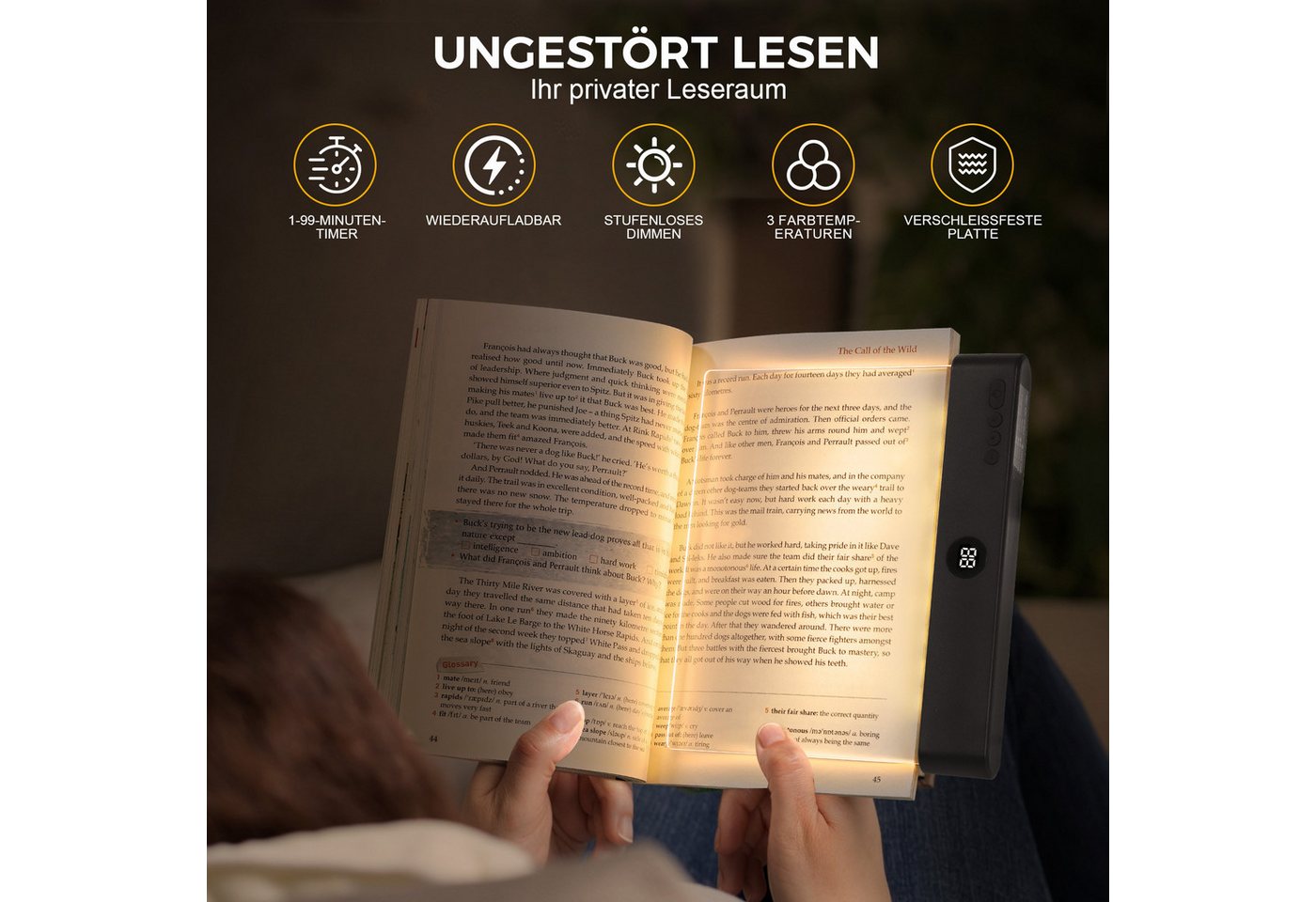 VIVIHEYDAY Leselicht Leselampe, Wiederaufladbare Flaches Buchlicht zum Lesen im Bett (bei Nacht, LED Buchlampe, Panel Book Light, 1-St., Augenschutz leselicht buch Buchseite Licht, mit 3 Farben & Timer), Geschenk für Buchliebhaber