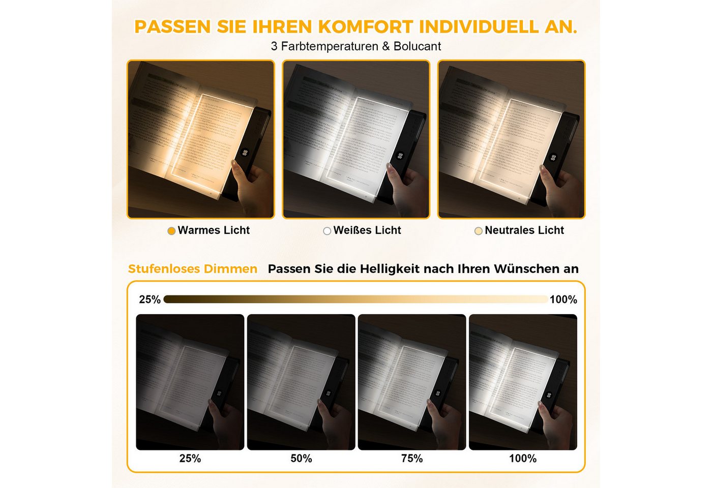 VIVIHEYDAY Leselicht Leselampe, Wiederaufladbare Flaches Buchlicht zum Lesen im Bett (bei Nacht, LED Buchlampe, Panel Book Light, 1-St., Augenschutz leselicht buch Buchseite Licht, mit 3 Farben & Timer), Geschenk für Buchliebhaber Bild 3