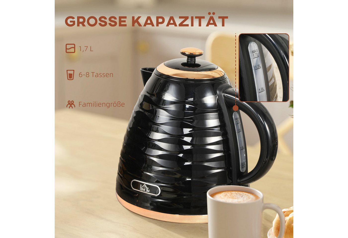 HOMCOM Wasserkocher Schnellkochfunktion, BPA-frei, Wasserkocher, 360° Drehbasis, 1.7 l, 2200 W, Kalkfilter, automatische Abschaltung, Trockenlaufschutz