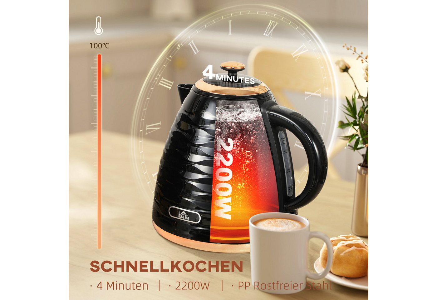 HOMCOM Wasserkocher Schnellkochfunktion, BPA-frei, Wasserkocher, 360° Drehbasis, 1.7 l, 2200 W, Kalkfilter, automatische Abschaltung, Trockenlaufschutz Bild 5