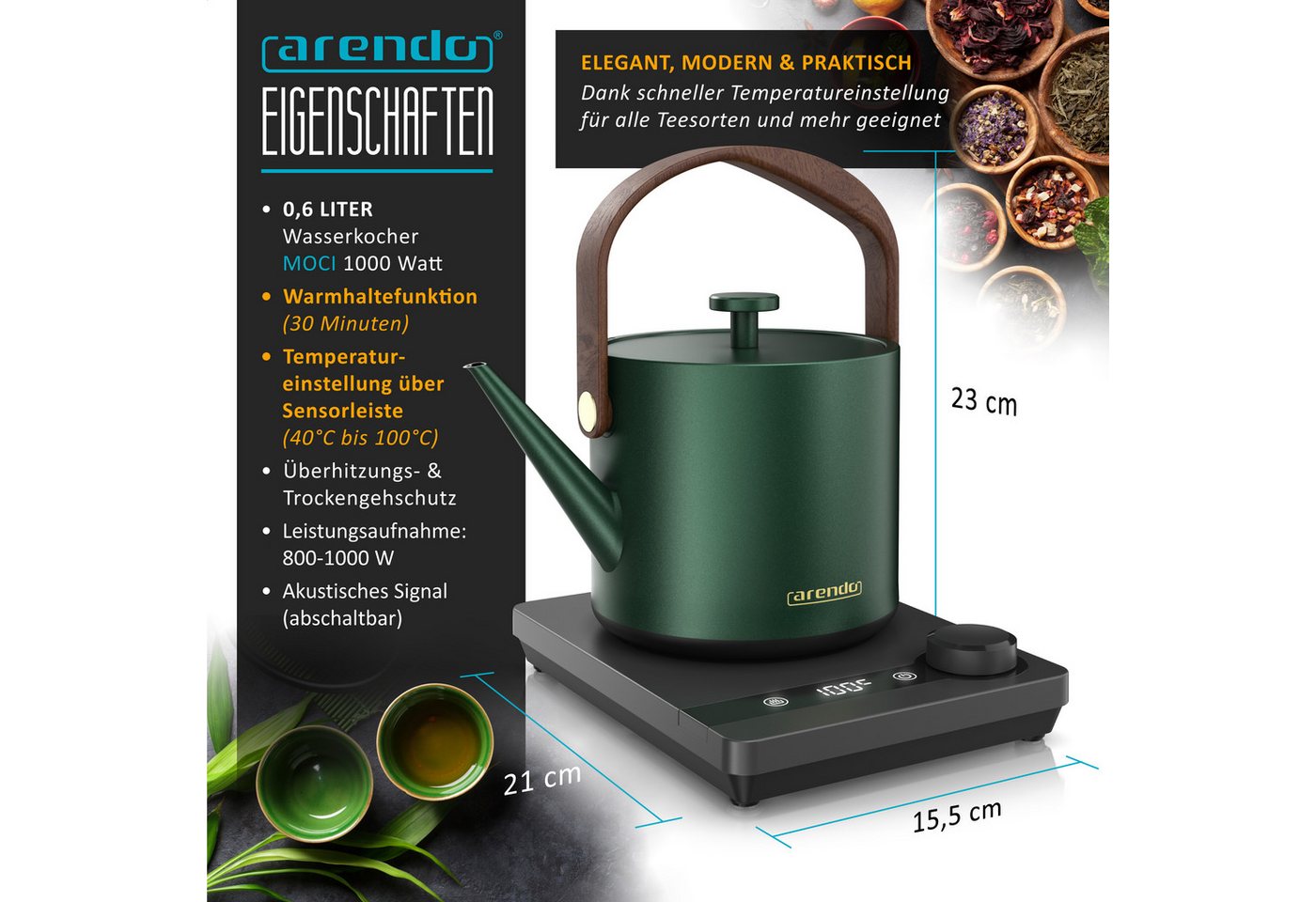 Arendo Wasserkocher Edelstahl, Retro, Temperatureinstellung 40°-100°C, 0.6 l, 1200 W, Schwanenhals‑Ausguss, BPA‑frei, Warmhaltefunktion, Teekocher Bild 3