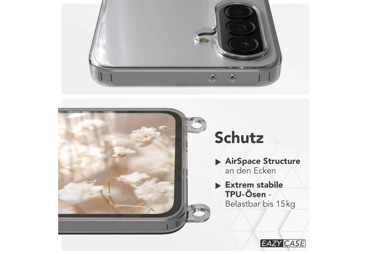 EAZY CASE Handykette Hülle mit Band für Samsung Galaxy A37 6,7 Zoll, Slimcover Handykette Hülle mit Band Handykordel Clear Case Slim Grau