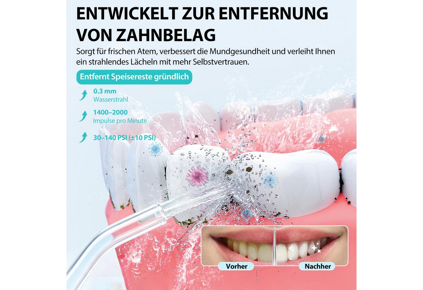 SWGOTA Munddusche Kabellos Zahndusche elektrisch Tragbar 4 Modi & 5 Düsen,360° Drehung, 2200 mAh,210ml Wassertank,IPX7 Zahnreiniger Zahnfleisch und Zahnpflege Bild 2