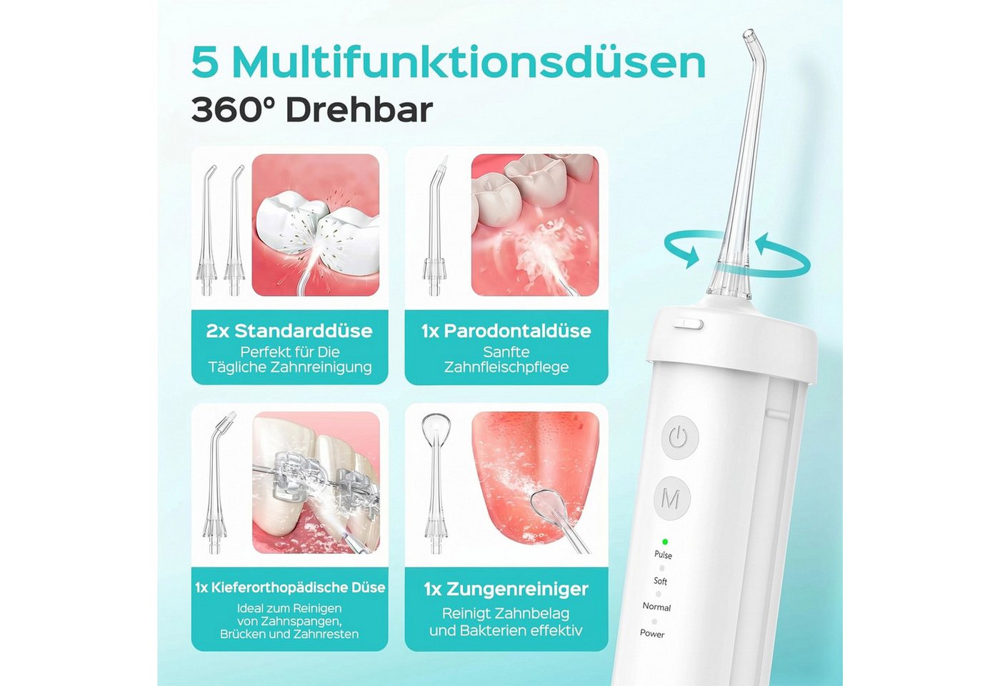 SWGOTA Munddusche Kabellos Zahndusche elektrisch Tragbar 4 Modi & 5 Düsen,360° Drehung, 2200 mAh,210ml Wassertank,IPX7 Zahnreiniger Zahnfleisch und Zahnpflege Bild 3