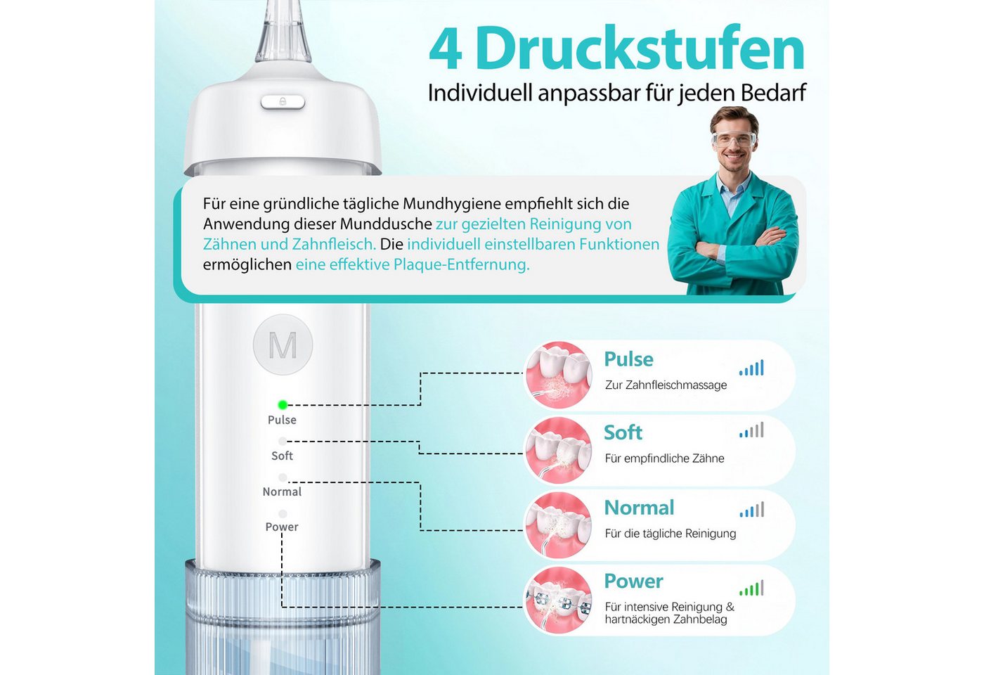 SWGOTA Munddusche Kabellos Zahndusche elektrisch Tragbar 4 Modi & 5 Düsen,360° Drehung, 2200 mAh,210ml Wassertank,IPX7 Zahnreiniger Zahnfleisch und Zahnpflege Bild 4