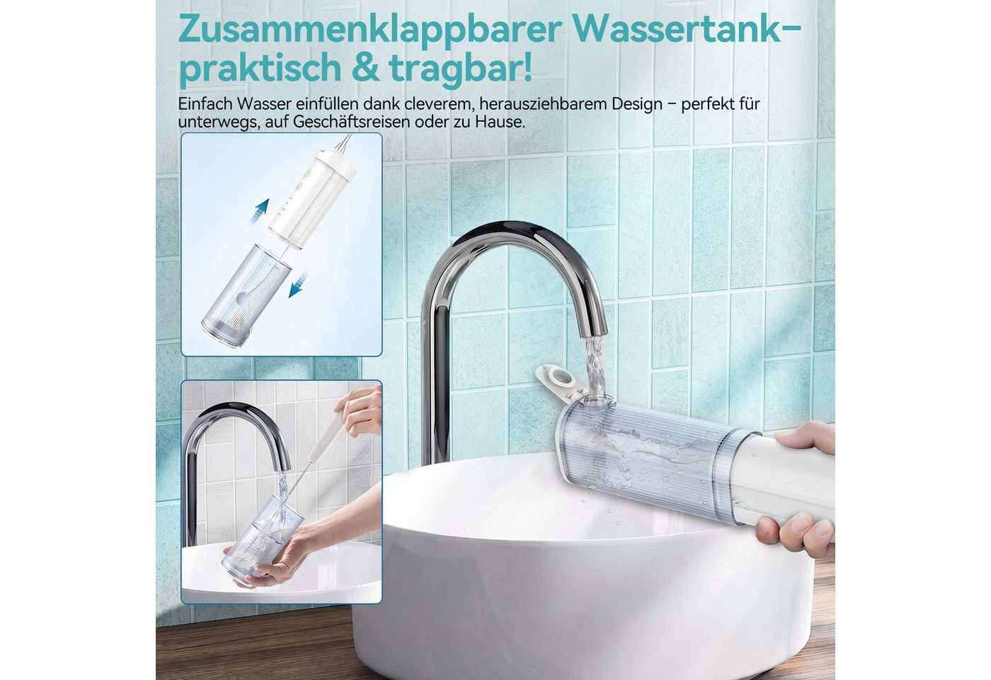 SWGOTA Munddusche Kabellos Zahndusche elektrisch Tragbar 4 Modi & 5 Düsen,360° Drehung, 2200 mAh,210ml Wassertank,IPX7 Zahnreiniger Zahnfleisch und Zahnpflege Bild 5