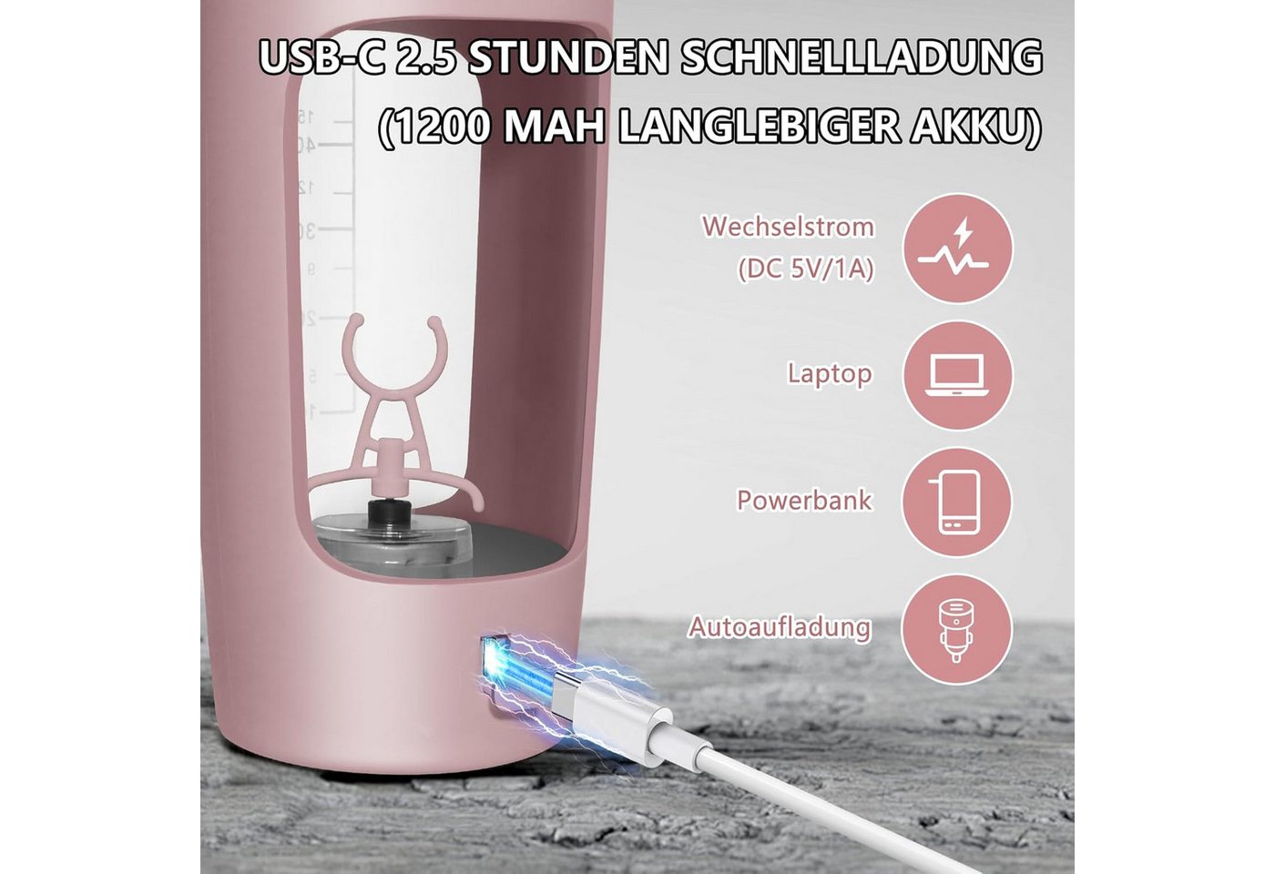 Vashoy Elektrischer Shaker 650 ML Elektrischer Shaker mit Pulverfach, BPA-freier, USB-C aufladbar, 7,4 W, Eiweiß Shaker Elektrisch für Potein Pulver und Milchshake