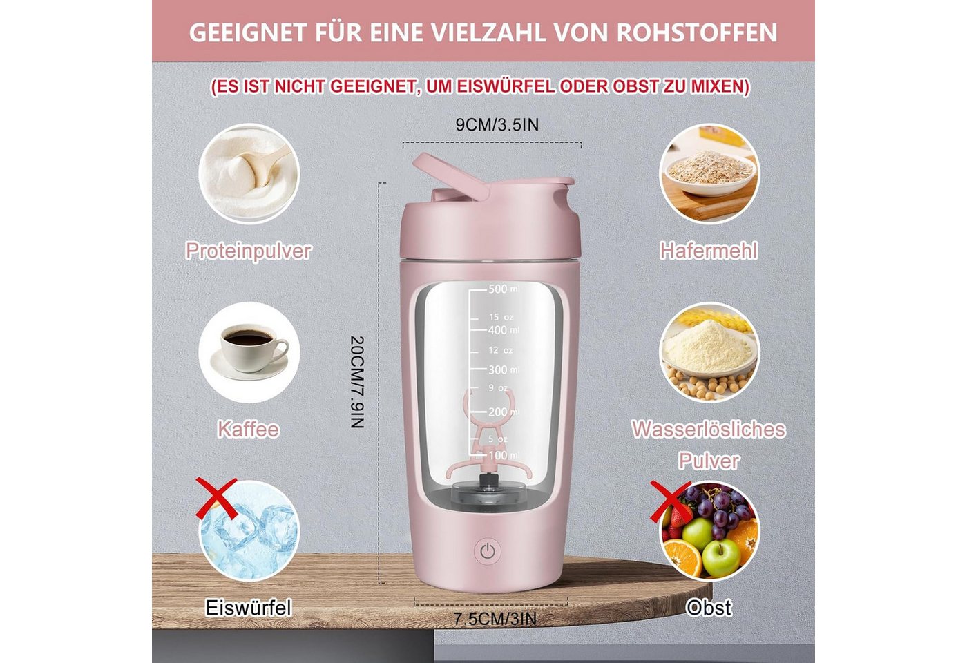 Vashoy Elektrischer Shaker 650 ML Elektrischer Shaker mit Pulverfach, BPA-freier, USB-C aufladbar, 7,4 W, Eiweiß Shaker Elektrisch für Potein Pulver und Milchshake Bild 4