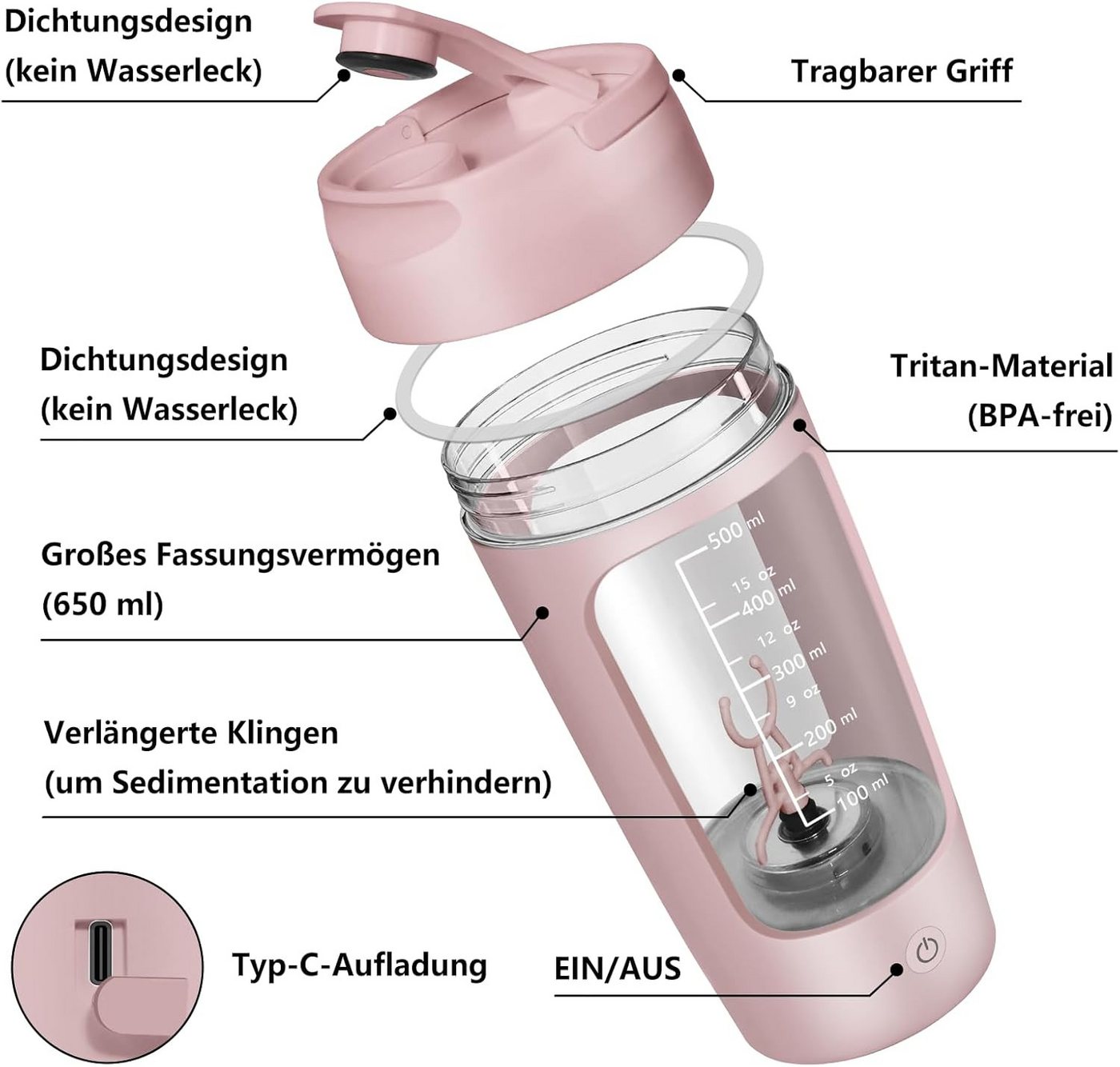 Vashoy Elektrischer Shaker 650 ML Elektrischer Shaker mit Pulverfach, BPA-freier, USB-C aufladbar, 7,4 W, Eiweiß Shaker Elektrisch für Potein Pulver und Milchshake Bild 5