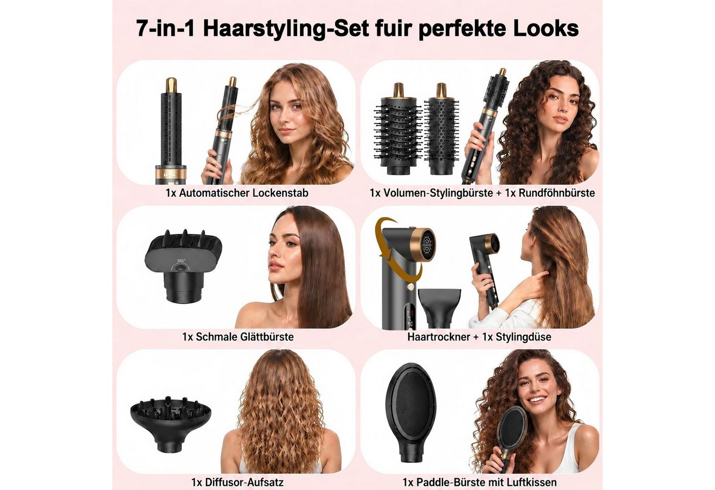 SWGOTA Multihaarstyler 7 in 1 Hairstyler -Trocknen,Glätten,Locken & Volumen Warmluftbürste, 200Mio. Ionen gegen Frizz,1300W,110.000 U/min Motor & 40 m/s Luftstrom Bild 2