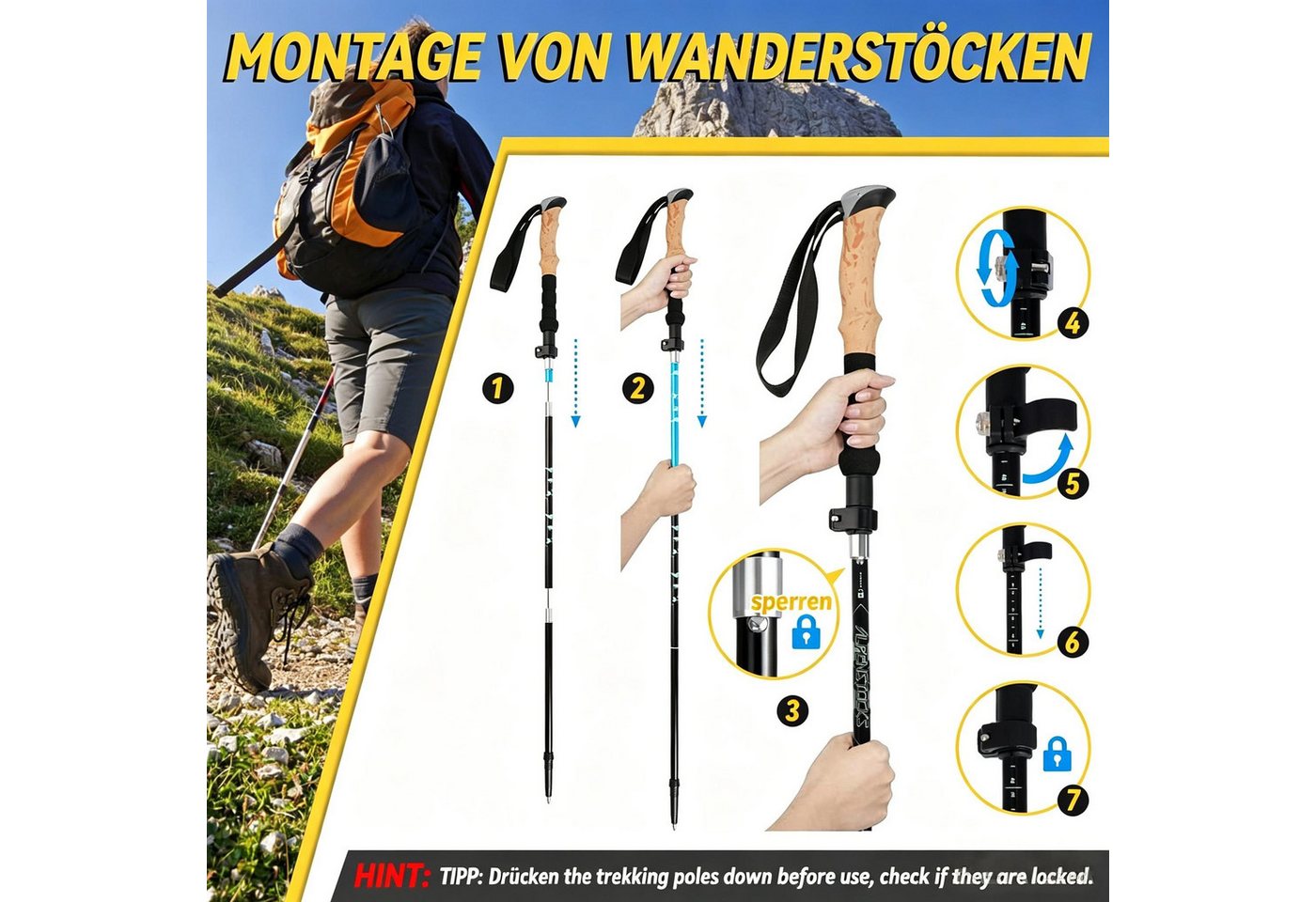 Kityhome Wanderstöcke Faltbare Trekkingstöcke 108-130cm Nordic Walking Stöcke, 6 Paar Gummipuffer,EVA Schaumgriff,Schweissabsorbierend Bild 2