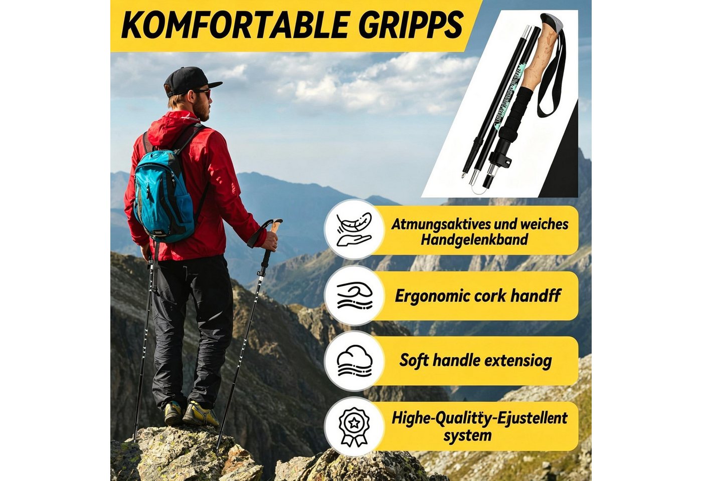 Kityhome Wanderstöcke Faltbare Trekkingstöcke 108-130cm Nordic Walking Stöcke, 6 Paar Gummipuffer,EVA Schaumgriff,Schweissabsorbierend Bild 3