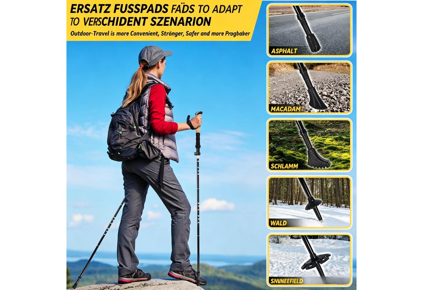 Kityhome Wanderstöcke Faltbare Trekkingstöcke 108-130cm Nordic Walking Stöcke, 6 Paar Gummipuffer,EVA Schaumgriff,Schweissabsorbierend Bild 5