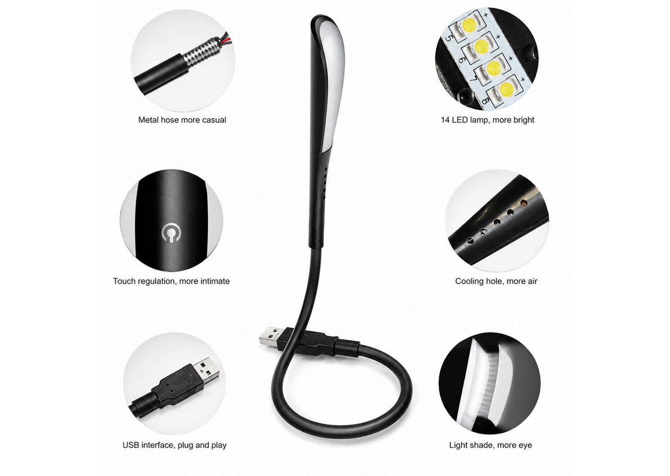 Bolwins USB-Lampion H47C USB LED-Lampe Schwanenhals 1,5W für Laptop Notebook, dimmbar LED (Einzelset, 1-St., 1x USB LED Lampe 1,5W mit 14 LEDs und Touchschalter) Bild 3