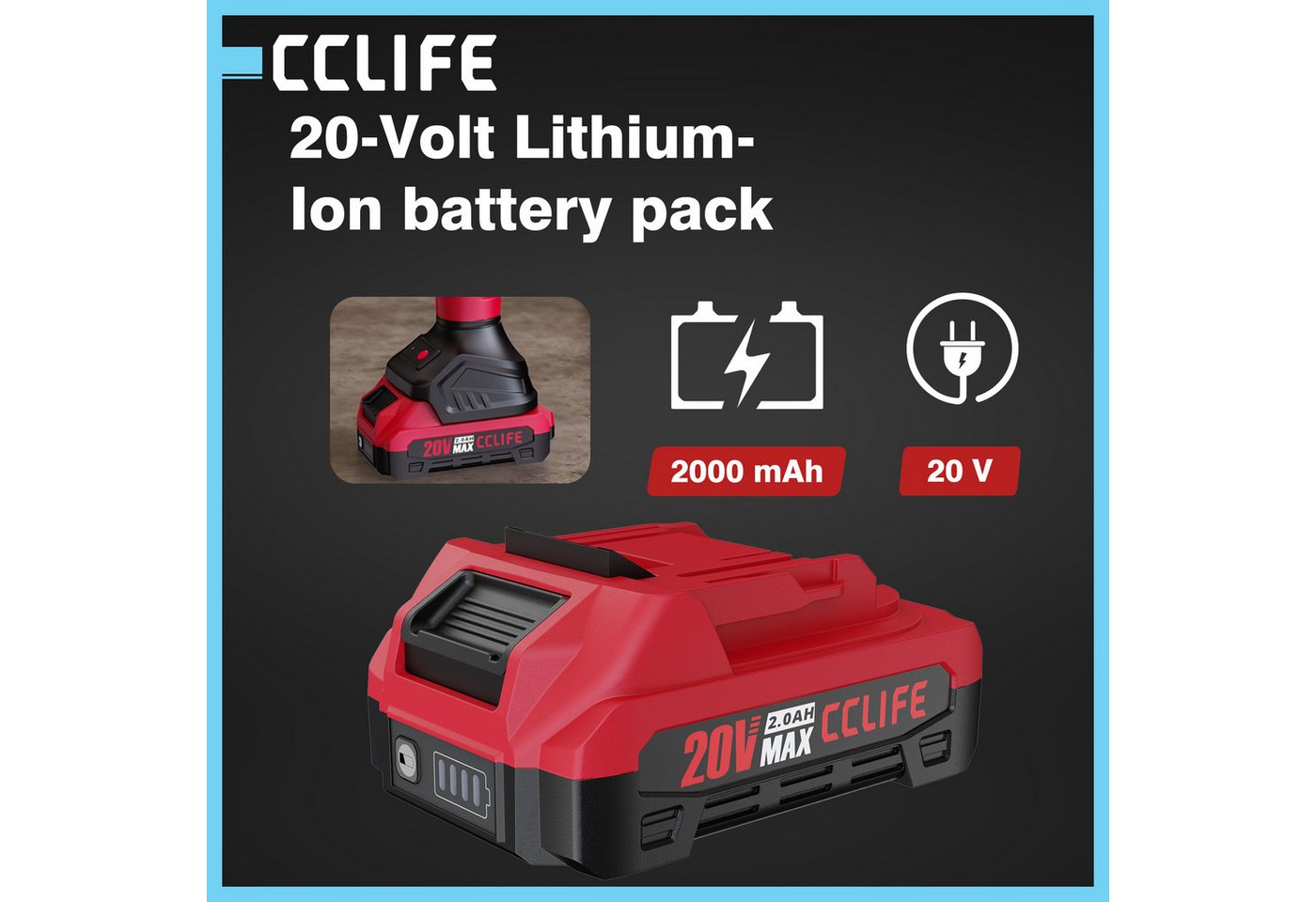 CCLIFE CCLIFE 20V Lithium Ionen Akku 2Ah 2000mAh Systemakku fuer Werkzeuge Akku Starter-Set Bild 4