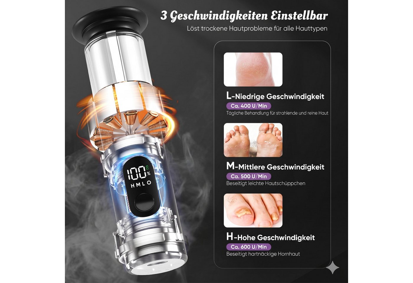 i@home Elektrischer Hornhautentferner, 1-tlg., 3 Geschwindigkeiten, 70 Aufsätze (60 Schleifpads + 10 Polierringe), 2-in-1 Elektrische Fußfeilen, Fußpflege-Set für trockene, rissige Haut