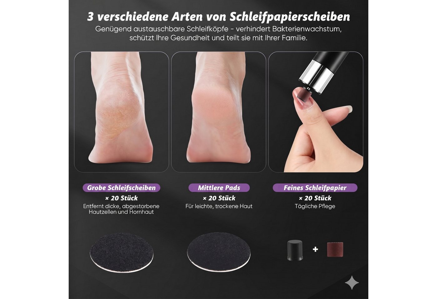 i@home Elektrischer Hornhautentferner, 1-tlg., 3 Geschwindigkeiten, 70 Aufsätze (60 Schleifpads + 10 Polierringe), 2-in-1 Elektrische Fußfeilen, Fußpflege-Set für trockene, rissige Haut Bild 2