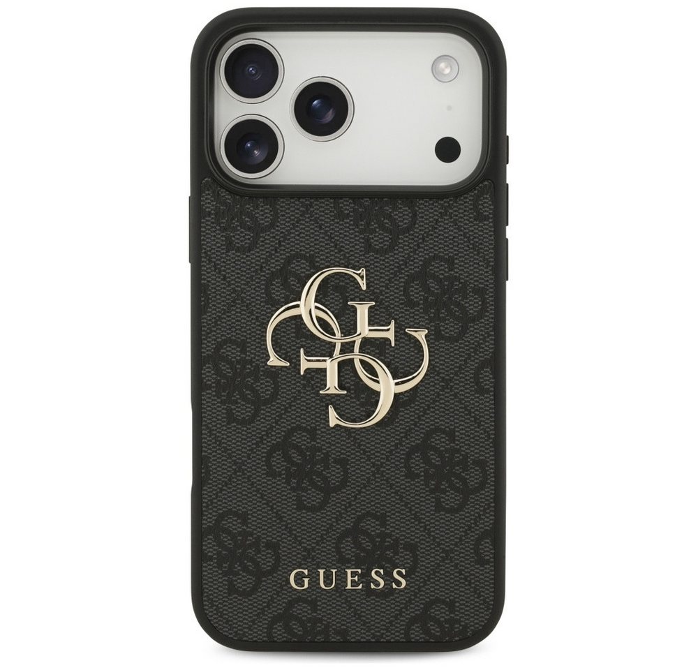 Guess Handyhülle iPhone 17 Pro Max Kunstleder grau Big Logo Metall goldfarben 6,9 Zoll, Kantenschutz