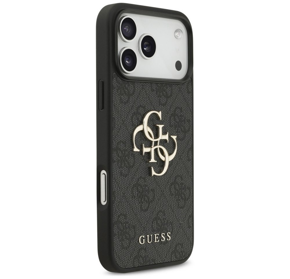 Guess Handyhülle iPhone 17 Pro Max Kunstleder grau Big Logo Metall goldfarben 6,9 Zoll, Kantenschutz Bild 3