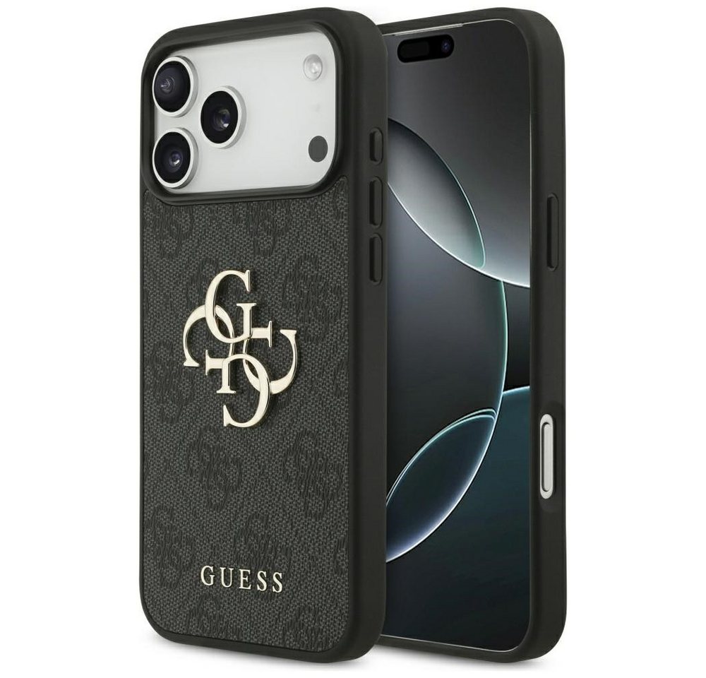 Guess Handyhülle iPhone 17 Pro Max Kunstleder grau Big Logo Metall goldfarben 6,9 Zoll, Kantenschutz Bild 5