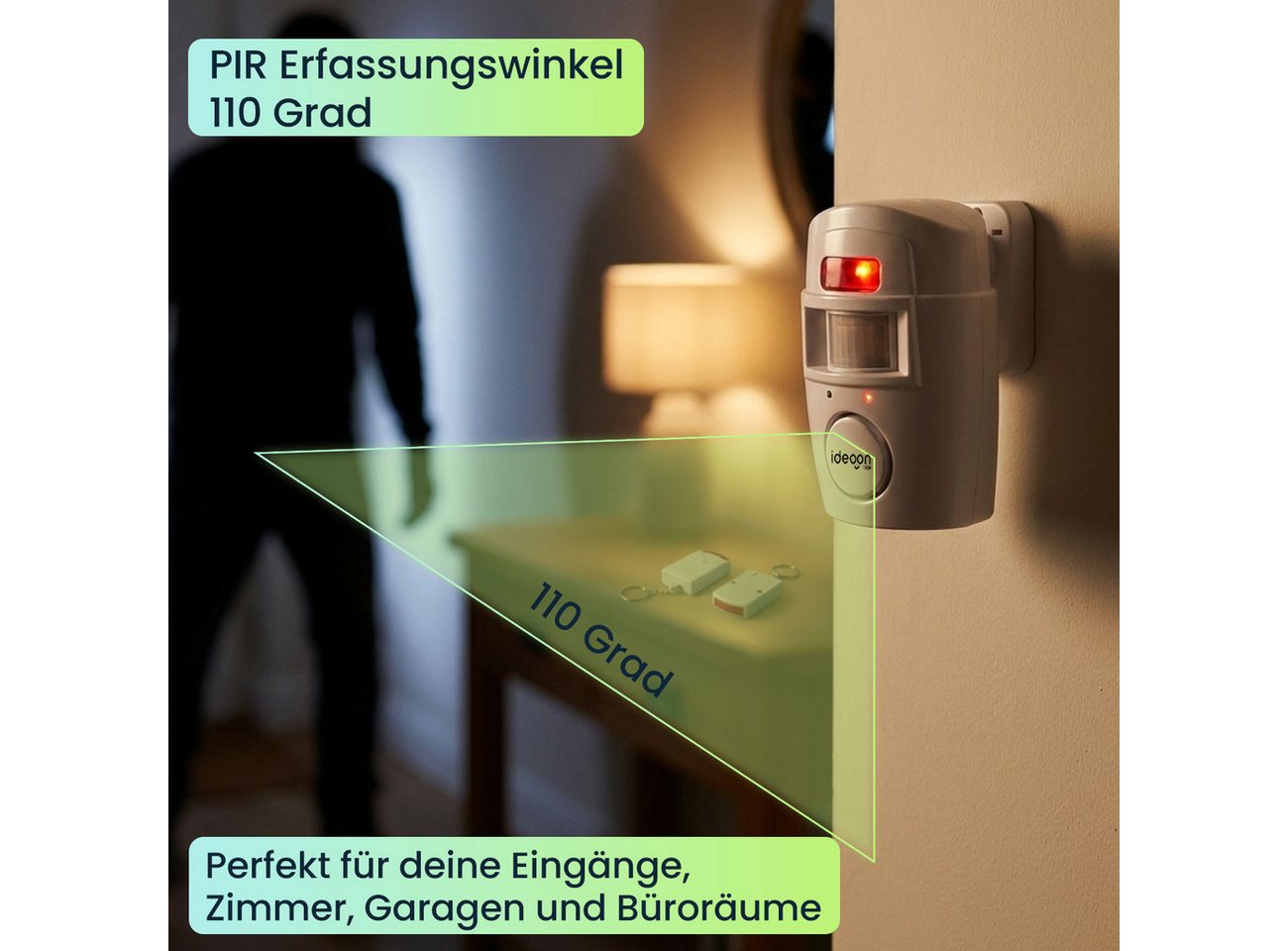 shop'n smile ideoon PIR Alarmanlage (105 dB) mit 2 Fernbedienungen, Hausalarm & Schutz Alarmanlage (PIR-Sensor-Reichweite: 5 m) Bild 3