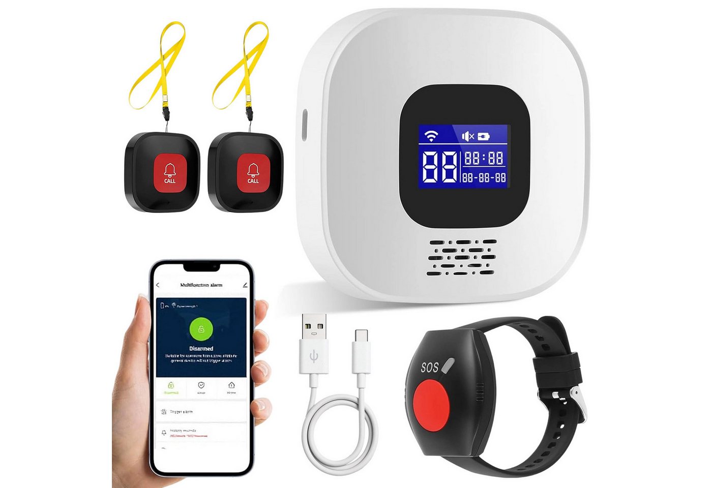 AKKEE Alarm Notruf Knopf Senioren Notrufknopf Hausnotruf, LCD-Display Alarmanlage (WiFi-Hausnotruf-Senioren-SOS-Armband, Hausnotruf für Angehörige)