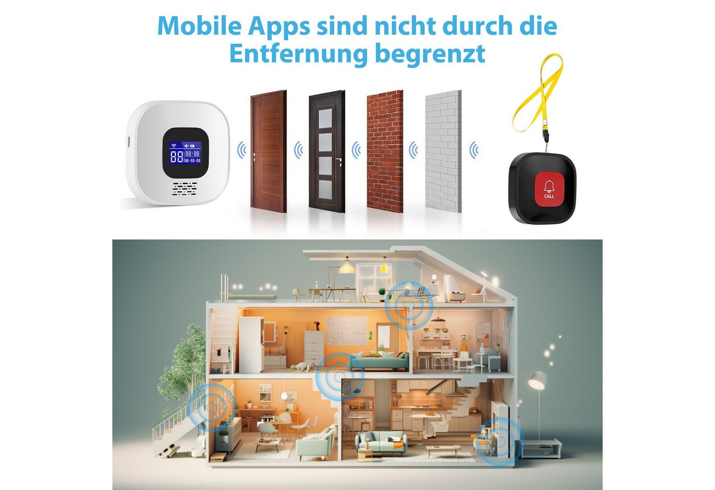 AKKEE Alarm Notruf Knopf Senioren Notrufknopf Hausnotruf, LCD-Display Alarmanlage (WiFi-Hausnotruf-Senioren-SOS-Armband, Hausnotruf für Angehörige) Bild 2
