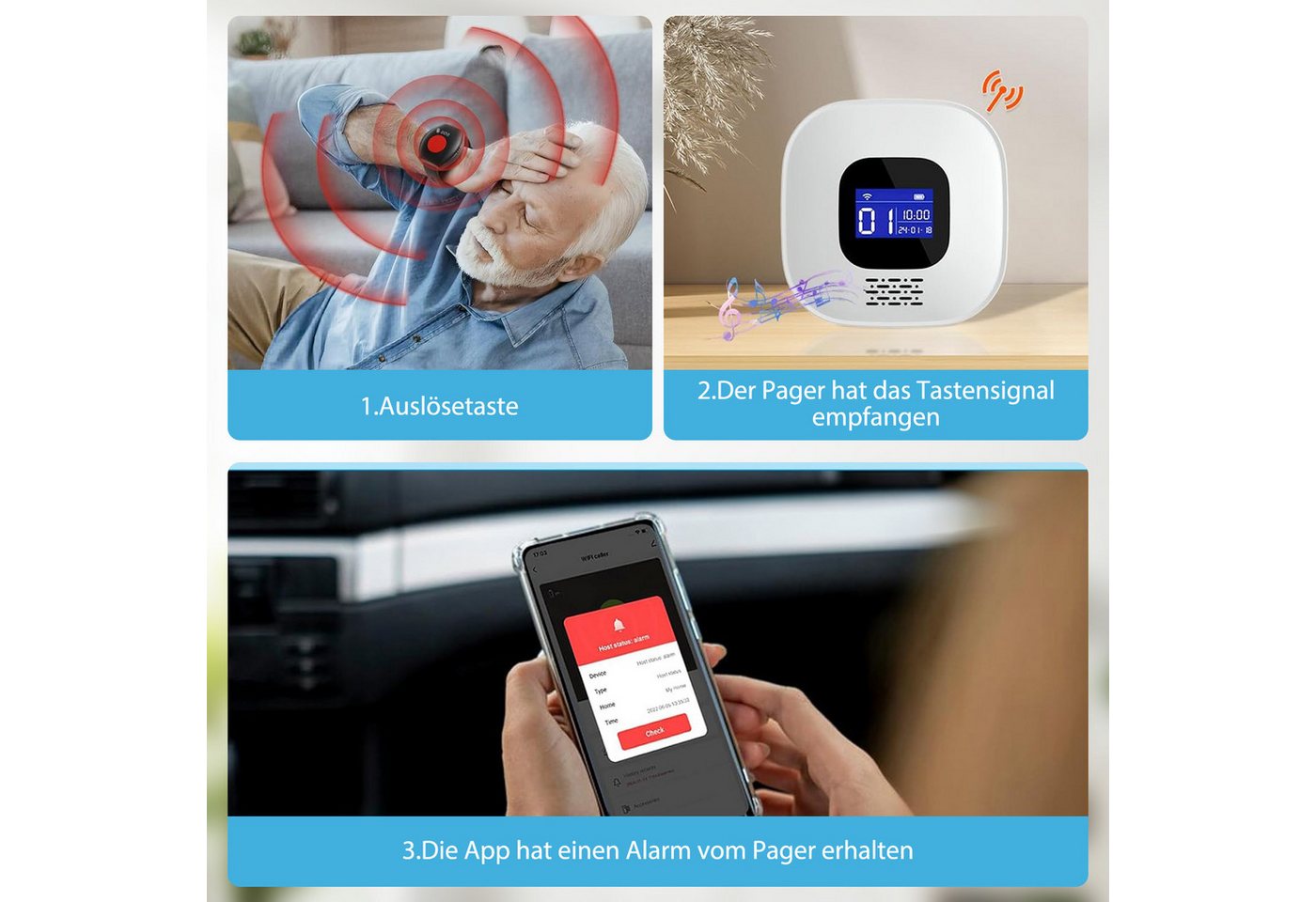 AKKEE Alarm Notruf Knopf Senioren Notrufknopf Hausnotruf, LCD-Display Alarmanlage (WiFi-Hausnotruf-Senioren-SOS-Armband, Hausnotruf für Angehörige) Bild 3