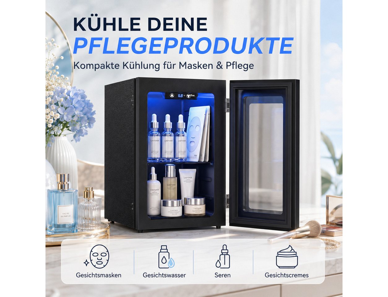 Furnicopia Getränkekühlschrank leise, 24 Dosen, verstellbares Regal, Digital-Display, Energieklasse E JC-18UEL-F, Kompressor, Doppelglas, LED, wenig Reif