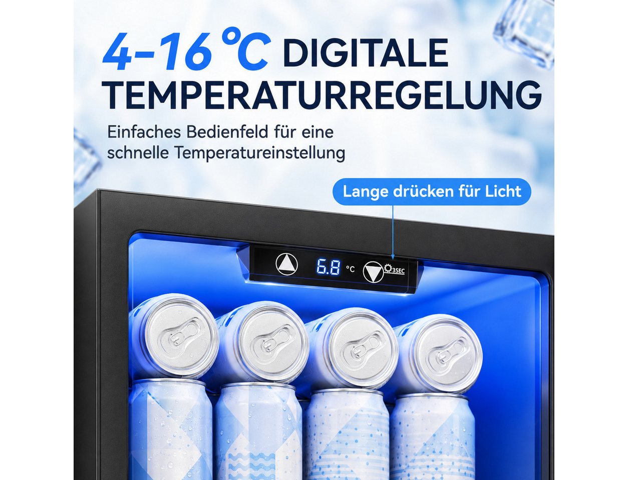Furnicopia Getränkekühlschrank leise, 24 Dosen, verstellbares Regal, Digital-Display, Energieklasse E JC-18UEL-F, Kompressor, Doppelglas, LED, wenig Reif Bild 3