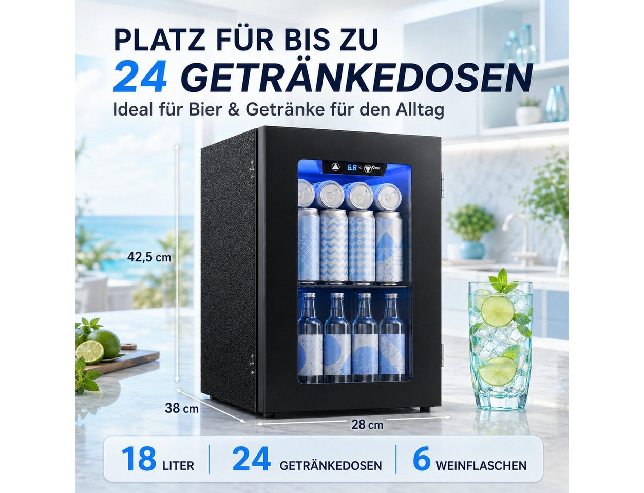 Furnicopia Getränkekühlschrank leise, 24 Dosen, verstellbares Regal, Digital-Display, Energieklasse E JC-18UEL-F, Kompressor, Doppelglas, LED, wenig Reif Bild 4