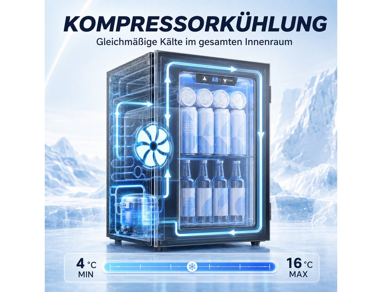 Furnicopia Getränkekühlschrank leise, 24 Dosen, verstellbares Regal, Digital-Display, Energieklasse E JC-18UEL-F, Kompressor, Doppelglas, LED, wenig Reif Bild 5