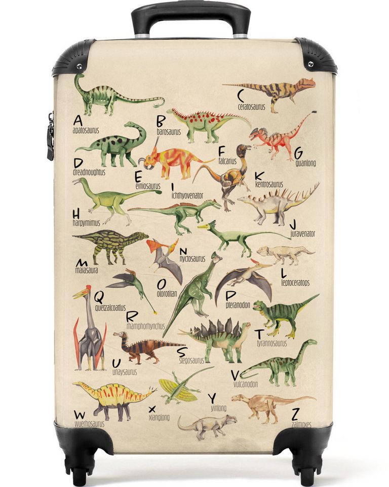 NoBoringSuitcases.com© Kinderkoffer Alphabet - Dino - Retro - Jungen 55x35x20cm, 4 Rollen, Handgepäck Koffer, Hartschalenkoffer Kinder, Reisekoffer Jungen