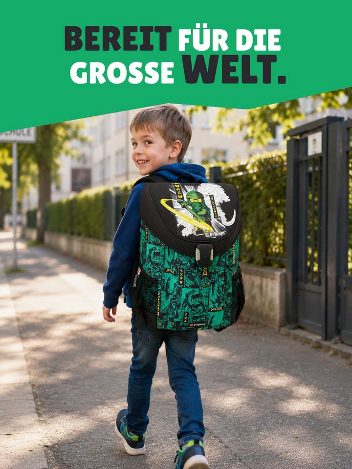 LEGO® Bags Schulranzen Lego Ninjago Schultasche Easy Green ab der 1. Klasse (Set, 6-tlg., inkl. Federmäppchen und Sporttasche), ergonomisch, 790 Gramm leicht, mit Brustgurt, Ninja Lloyd