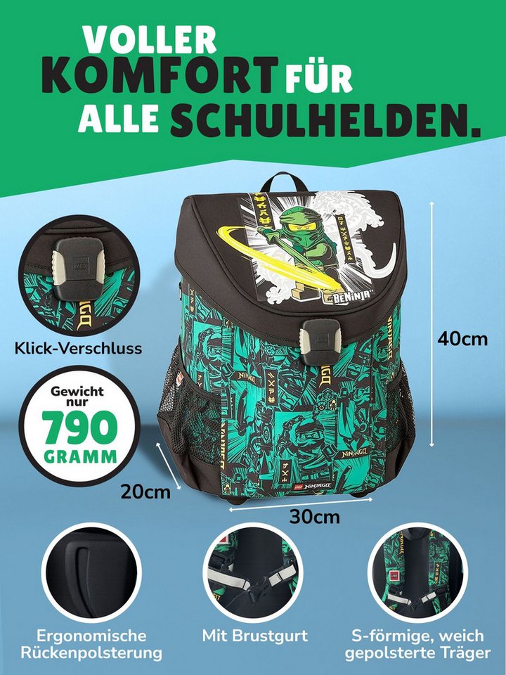 LEGO® Bags Schulranzen Lego Ninjago Schultasche Easy Green ab der 1. Klasse (Set, 6-tlg., inkl. Federmäppchen und Sporttasche), ergonomisch, 790 Gramm leicht, mit Brustgurt, Ninja Lloyd Bild 5