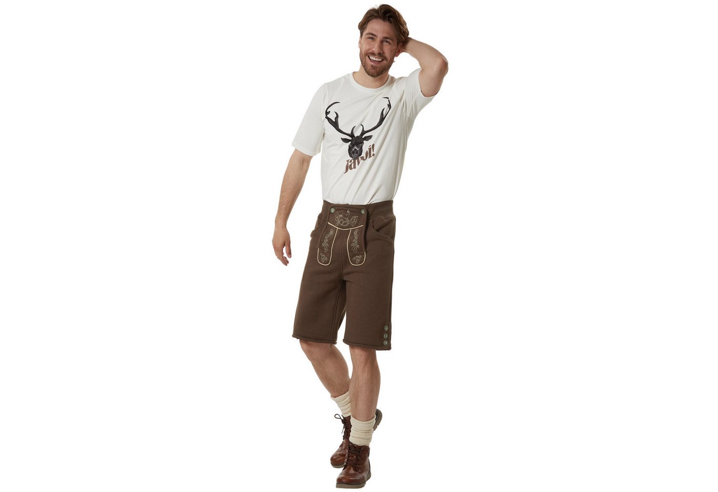 dressforfun Trachtenhose Kurze Oktoberfest-Hose in Leder-Optik aus weichem Fleece mit (Herrenhose Lenni, für Volksfeste in Braun) 7 praktische Hosentaschen, pflegeleicht und vielseitig kombinierbar
