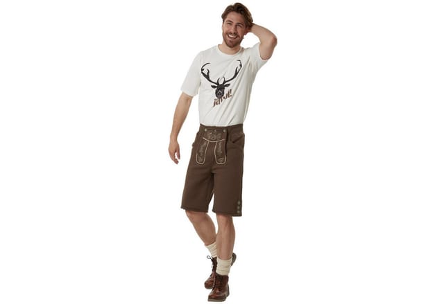 dressforfun Trachtenhose Kurze Oktoberfest-Hose in Leder-Optik aus weichem Fleece mit (Herrenhose Lenni, für Volksfeste in Braun) 6 praktische Hosentaschen, pflegeleicht und vielseitig kombinierbar