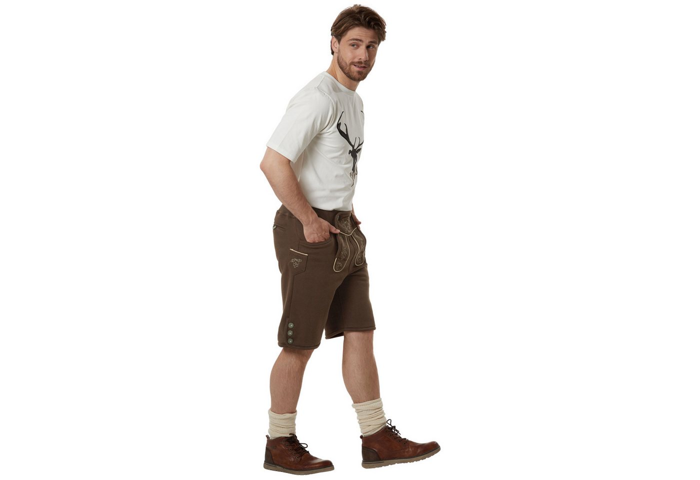 dressforfun Trachtenhose Kurze Oktoberfest-Hose in Leder-Optik aus weichem Fleece mit (Herrenhose Lenni, für Volksfeste in Braun) 7 praktische Hosentaschen, pflegeleicht und vielseitig kombinierbar Bild 2