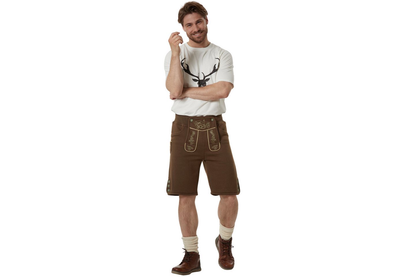 dressforfun Trachtenhose Kurze Oktoberfest-Hose in Leder-Optik aus weichem Fleece mit (Herrenhose Lenni, für Volksfeste in Braun) 7 praktische Hosentaschen, pflegeleicht und vielseitig kombinierbar Bild 3